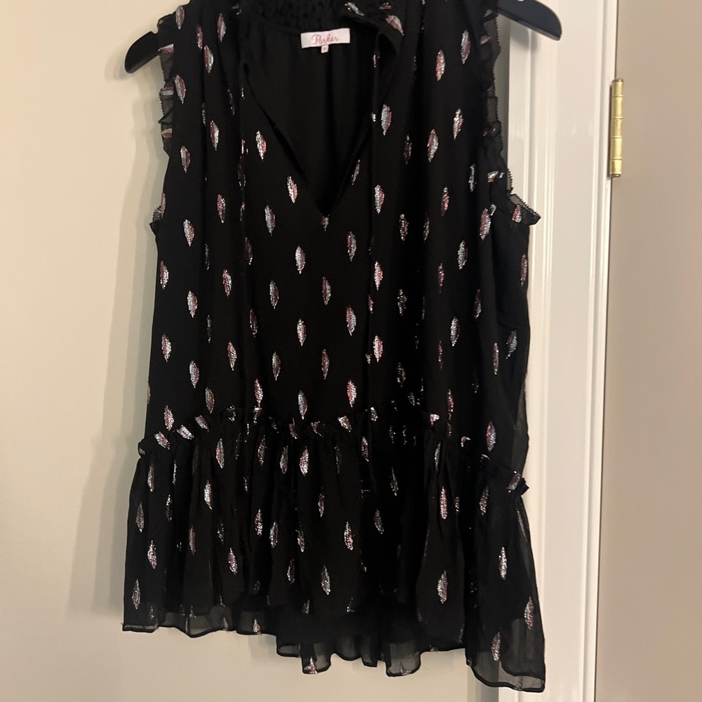 Parker Ruffled Sleeveless Blouse in Black and Silver